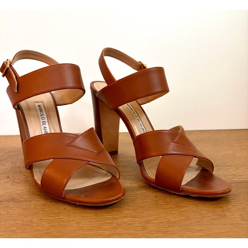 Manolo Blahnik Gorham Brown Leather Slingback Block Heel Sandals 38.5 8.5